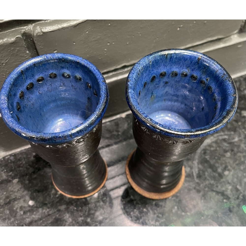 Handmade Studio Pottery Goblets Pair Gunmetal Cobalt Blue Stoneware Chalice 4oz - Picture 3 of 16